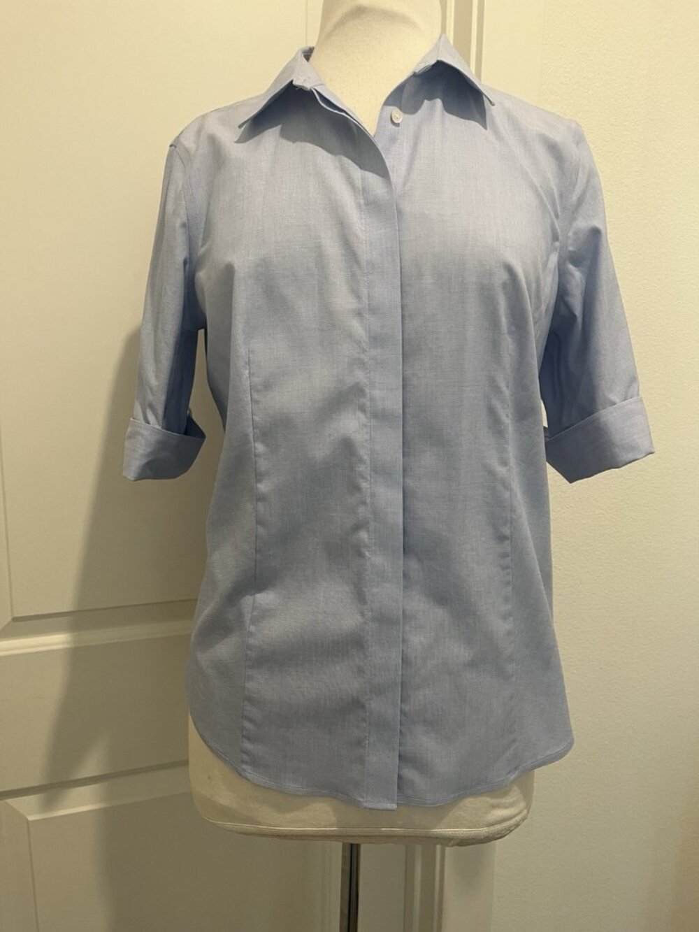 Talbot's Blue Cuffed Short Sleeve Button Up Blouse Size 12 With Cufflinks Career